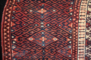 Rare type of Goklan tribe Turkmen saddle rug or ‘tscherlik’

Finely knotted with well drawn multiple keyed Bastani guls and in exceptional condition.
Not later than 1st quarter 1900s, size 109x105cm.

For more photos see:  ...