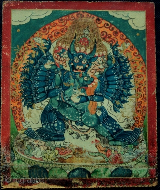 Very finely painted and expressive 18th-19th century Mongolian Buddhist tsakli miniature painting of Yamantaka, Vajrabhairava with his consort Vajravetali. Mineral pigments and gold on woven canvas with Tibetan inscription on the reverse,  ...