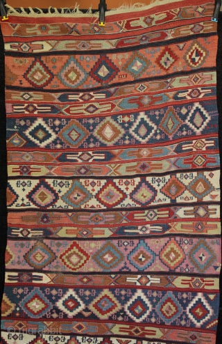 Antique Anatolian Malatya area kilim with an exceptionally well balanced palette, juxtaposition of colours and fine drawing of motifs. In very good original condition with just a few home made repairs to  ...
