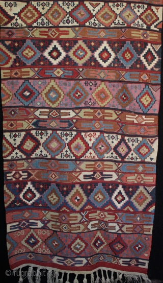 Antique Anatolian Malatya area kilim with an exceptionally well balanced palette, juxtaposition of colours and fine drawing of motifs. In very good original condition with just a few home made repairs to  ...