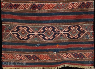 Antique Bergama soumak chuval face. Fine drawing of motifs and good colours, some small old home made repairs, circa 1910.
92x68cm

For more photos see: http://kilim.ie/TRIBAL_RUGS_and_KILIMS/Pages/SMALL_MEDIUM_CICIM_EMBROIDERED_RUGS.html

Please email me for more information    