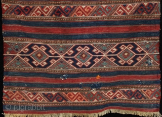 Antique Bergama soumak chuval face. Fine drawing of motifs and good colours, some small old home made repairs, circa 1910.
92x68cm

For more photos see: http://kilim.ie/TRIBAL_RUGS_and_KILIMS/Pages/SMALL_MEDIUM_CICIM_EMBROIDERED_RUGS.html

Please email me for more information    