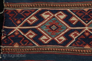 Antique Bergama soumak chuval face. Fine drawing of motifs and good colours, some small old home made repairs, circa 1910.
92x68cm

For more photos see: http://kilim.ie/TRIBAL_RUGS_and_KILIMS/Pages/SMALL_MEDIUM_CICIM_EMBROIDERED_RUGS.html

Please email me for more information    