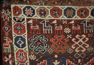 19th century Bakhtiari carpet fragment, perhaps half a complete rug. Beautiful colours, animals, stars/flowers and other tribal motifs. Mainly good condition with areas of low pile, a couple of fold lines and  ...