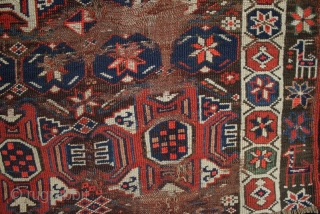 19th century Bakhtiari carpet fragment, perhaps half a complete rug. Beautiful colours, animals, stars/flowers and other tribal motifs. Mainly good condition with areas of low pile, a couple of fold lines and  ...