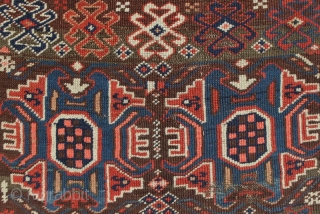 19th century Bakhtiari carpet fragment, perhaps half a complete rug. Beautiful colours, animals, stars/flowers and other tribal motifs. Mainly good condition with areas of low pile, a couple of fold lines and  ...