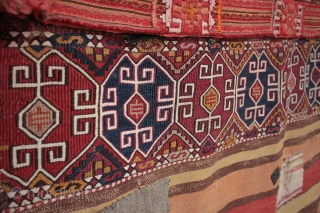 Complete 19th century Malatya chuval with unusual design and excellent colours.

Very old chuvals like this are not so common as most died from exhaustion after continuous use over several generations. More recent  ...