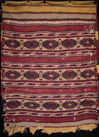Rare survivor, a very large finely woven 19th century West Anatolian Elmali kilim chuval.

In good shape considering its age, a cicim embroidered kilim chuval from Elmali in the Korkuteli area of West  ...