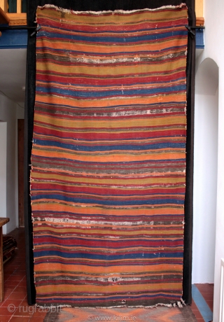 Rare type of striped antique Anatolian kilim made by a Turkmen weaver in the Karaman to Aksaray area.

One of the antique kilims collected in Turkey in June, striped kilims of this age  ...