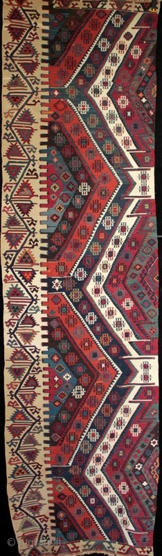 Fine Antique Anatolian Kilim from Sivas. Intricate meander/running water border, good colours and finely drawn motifs, well saturated natural dyes. Both dyed and natural ivory white wool & white cotton weft on  ...