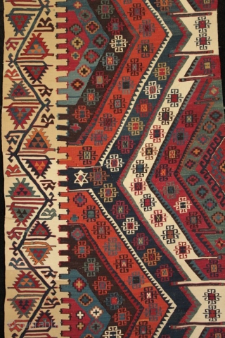 Fine Antique Anatolian Kilim from Sivas. Intricate meander/running water border, good colours and finely drawn motifs, well saturated natural dyes. Both dyed and natural ivory white wool & white cotton weft on  ...