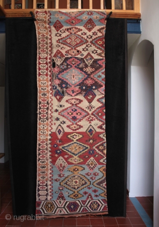 Antique east Anatolian half kilim fragment, delicate drawing, Adana style design with that refined late 19th century look.  244cm x 80cm. One of more than 50 kilims, fragments, çiçims, chuvals and  ...