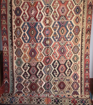 Finely woven 19th east Anatolian kilim with good colours complete with full borders at both ends, some corroded weft, old faded repairs and minor holes; a worthwhile restoration project. Size 386x160cm. Unusual  ...