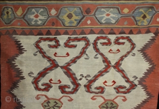 An interesting and unusual antique Anatolian kilim sofra from the village of Hotamis near Konya. Tightly woven, fine kilim with charming primitive drawing of motifs. In good condition with a small repair  ...