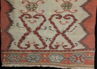 An interesting and unusual antique Anatolian kilim sofra from the village of Hotamis near Konya. Tightly woven, fine kilim with charming primitive drawing of motifs. In good condition with a small repair  ...