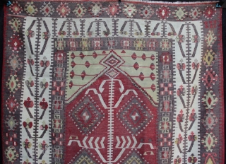 Anatolian Prayer kilim from Gomurgen in the Kayseri region. Finely woven, very good drawing and in good condition with limited small repairs. Use of two different very fine metallic bound threads in  ...