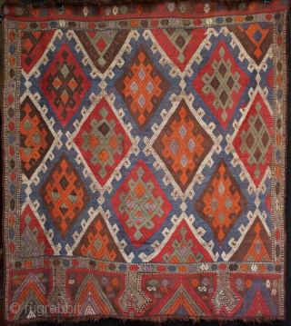 A jewel-like antique central Anatolian çiçim from Konya with an interesting border like a Cappadocian chimney prayer kilim. Fine embroidered soft wool on a flat weave foundation. Wonderful use of colour with  ...