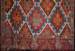 A jewel-like antique central Anatolian çiçim from Konya with an interesting border like a Cappadocian chimney prayer kilim. Fine embroidered soft wool on a flat weave foundation. Wonderful use of colour with  ...