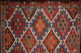 A jewel-like antique central Anatolian çiçim from Konya with an interesting border like a Cappadocian chimney prayer kilim. Fine embroidered soft wool on a flat weave foundation. Wonderful use of colour with  ...