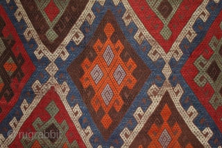 A jewel-like antique central Anatolian çiçim from Konya with an interesting border like a Cappadocian chimney prayer kilim. Fine embroidered soft wool on a flat weave foundation. Wonderful use of colour with  ...