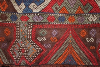 A jewel-like antique central Anatolian çiçim from Konya with an interesting border like a Cappadocian chimney prayer kilim. Fine embroidered soft wool on a flat weave foundation. Wonderful use of colour with  ...