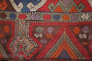 A jewel-like antique central Anatolian çiçim from Konya with an interesting border like a Cappadocian chimney prayer kilim. Fine embroidered soft wool on a flat weave foundation. Wonderful use of colour with  ...