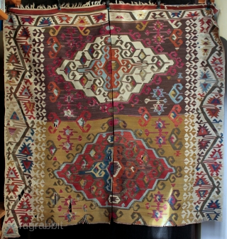 Central Anatolian kilim fragment circa 1800-1850 with excellent colours from natural dyes with good saturation, including a lovely apricot, aubergine and vibrant mid blue. Elegant su yolu running water border and leaf/flower  ...