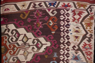 Central Anatolian kilim fragment circa 1800-1850 with excellent colours from natural dyes with good saturation, including a lovely apricot, aubergine and vibrant mid blue. Elegant su yolu running water border and leaf/flower  ...