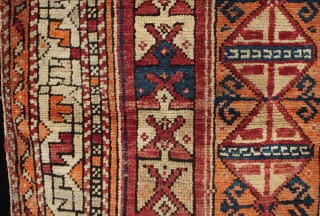 Interesting dated 19th century Anatolian prayer? rug from the Kosak area of Balikesir district between Çanakkale and Ezine in N.W. Anatolia. Natural dyes and possibly synthetic orange, kilim guard ends with triangular  ...