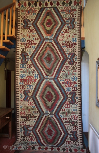 Late 19th century West Anatolian Aydin Cine kilim, a recent arrival from a number of collectible antique kilims found in Turkey in October. This two piece dowry kilim is in very good  ...