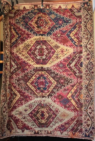 Fantastically detailed, tribal Anatolian Avshar dowry kilim.

This unusually wide kilim at nearly 2 metres, was woven north of Adana towards Kayseri (Pınarbaşı - Sarız) and has a particularly attractive wide ‘su yolu’  ...