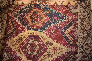 Fantastically detailed, tribal Anatolian Avshar dowry kilim.

This unusually wide kilim at nearly 2 metres, was woven north of Adana towards Kayseri (Pınarbaşı - Sarız) and has a particularly attractive wide ‘su yolu’  ...