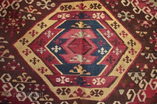 Fantastically detailed, tribal Anatolian Avshar dowry kilim.

This unusually wide kilim at nearly 2 metres, was woven north of Adana towards Kayseri (Pınarbaşı - Sarız) and has a particularly attractive wide ‘su yolu’  ...