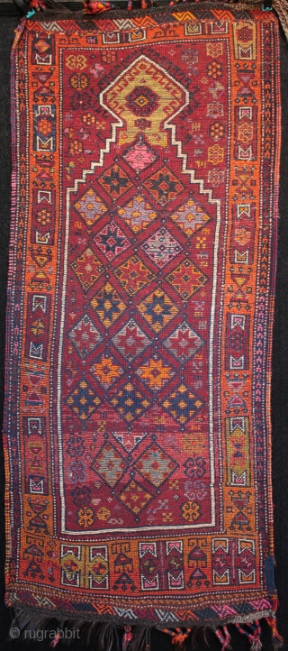 Dazzling Kurdish Drejan Tribe woman's prayer rug from eastern Anatolia between Gaziantep and Malatya. Lustrous wool on a goat hair warp with top and bottom çiçim embroidered kilim guards and bound tassels.  ...