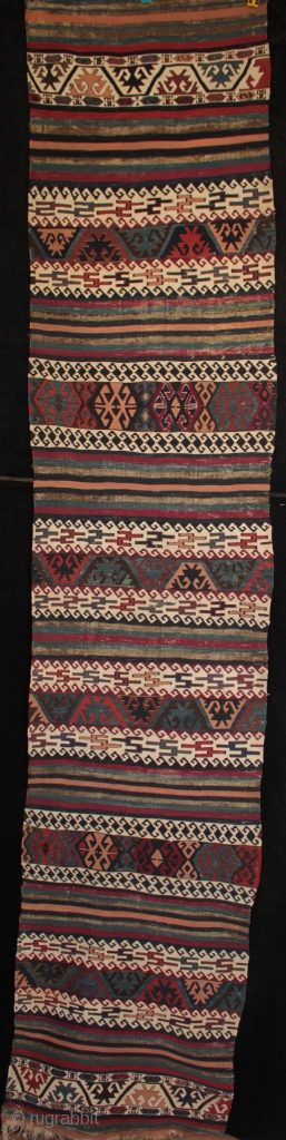 Mid 19th century east Anatolian killim from Reyhanli of unusual design.

Although some might identify the main motifs as elibelinde or hands on hips motifs, I wondered if in this kilim they might  ...