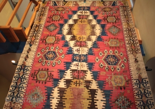 Finely woven and crisply drawn old east Anatolian kilim from Adana with an unusual and particularly lovely field background colour. In excellent usable condition. Size 442 x 156cm.

For detailed photos, see the  ...