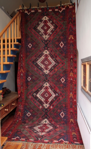 Large and rare 19th century Anatolian Rashwan tribe kilim in exceptional condition

Brought back from Turkey in the first quarter of the 19th century by a German family in the paint manufacturing business.  ...