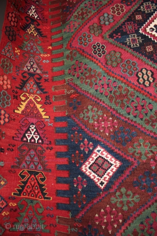 Large and rare 19th century Anatolian Rashwan tribe kilim in exceptional condition

Brought back from Turkey in the first quarter of the 19th century by a German family in the paint manufacturing business.  ...