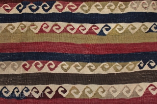 Old Cubuklu kilim from Mugla Province, Anatolia with repeated meander motifs with a Hokusai wave look, also interpreted as yin yang motifs but actually originating from the architectural patterns from the Greek  ...