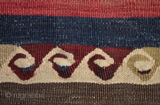 Old Cubuklu kilim from Mugla Province, Anatolia with repeated meander motifs with a Hokusai wave look, also interpreted as yin yang motifs but actually originating from the architectural patterns from the Greek  ...