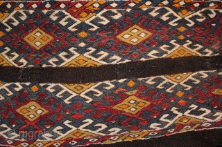 Stunning small intact antique Antalya soumak chuval. 110x46cm, 60/70 years old. Reciprocal broading, black goat hair foundation, warp and weft, holes to back €195 ono. For more photos see: http://www.sculpture-ireland.com/www.kilim.ie/TRIBAL_RUGS_and_KILIMS/Pages/CHUVAL_from_Anatolia,_Kurdistan.html   