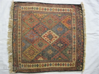 (127)Jaff Kurd pile panel-mid 19th C.57X54 cm
-see Tribal Rugs MacDonald plate 118 for similar. 

All vegetal colors (11)-including emerald green, aubergine, etc.Low pile, overcast sides, repaired closure slits.spot tinting.


price inc. shipment to  ...