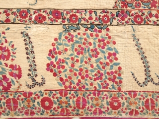 SOZANE NUORATA MID 19TH CENTURY  SPECTACULAR SOFT OASIS COLORS  VERY DELICATE EMBOIDERY .ON THIN LINEN 170/240 CM .WHIT COTTON LAYER,IKAT FRAME.SOME SMALL PLACES THE LINEN IS DONE.COLLECTIBLE ITEM/NUSEM PIACE.TEL NO  ...