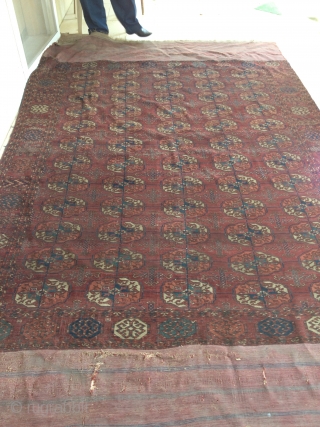 MAIN RUG TEKKE 200/243 CM THE RUG IS IN MINT CONDITION SOME HOLES ON THE KILIMS (50 CM) ANTIQE LATE 19 CH NEVER TACH FINE WIVE NEED WASH     