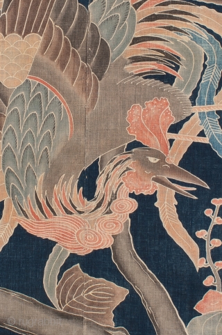 Japanese cotton futon cover with phoenix design in tsutsugaki (rise paste resist dyeing, late 19th century, in indigo and colours
190 by 130 cm, in good condition except few small holes repaired  