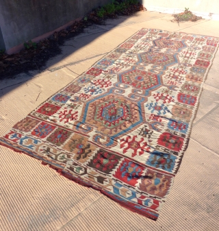 Antique and rare 2 bands anatolian kilim. Very nice colors and design scale, complete. Just needs a bath to shine again...For a forum discussion on this special family of kilim: http://www.turkotek.com/misc_00110/kilim_frag.htm  