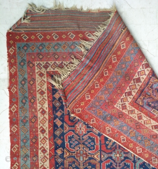 Main antique south persian village/tribal rug (296 x 140 cm). As found condition, very dusty. Needs a bath to shine again. Big kilim skirts at both ends, extremely nice serie of 4  ...