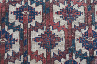 Fragment of an old, rare and colorful turkmen asmalyk (89 cm. x 55 cm.)
Very fine weaving with asymmetrical knotting open to the right. 
Spacious drawing with incredible deep old colors. 
3 small  ...