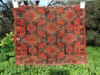 Old and beautiful Beshir Khorjin of a rare type (55 cm x 45 cm)
Pictures taken outdoor in direct and indirect sunlight.
Colors difficult to catch, especially the green.
Few repairs and sides roughly stopped ...
