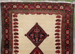 Unique, old and colorful 19th c. Farahan rug (190 cm. x 120 cm.)
Lovely piece with soft wool and beautiful dyes and without herati design. There's a reweave in the ivory field (see  ...